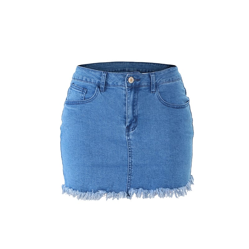 High-Waist Frayed Hem Denim Mini Skirt - Light Blue