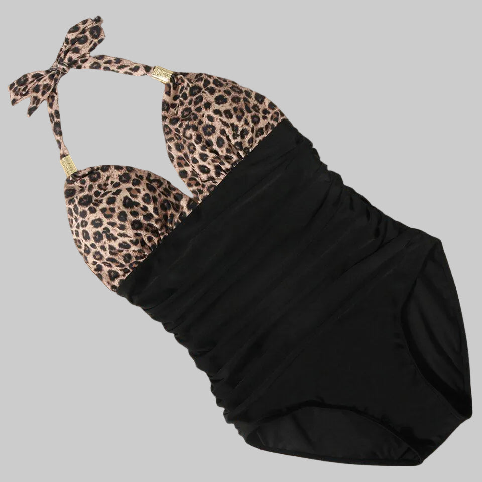 Women's Leopard Color Block Halter One-Piece Swimsuit with Ruched Waist & Gold Hardware – S-XL | The Pretty Pistol