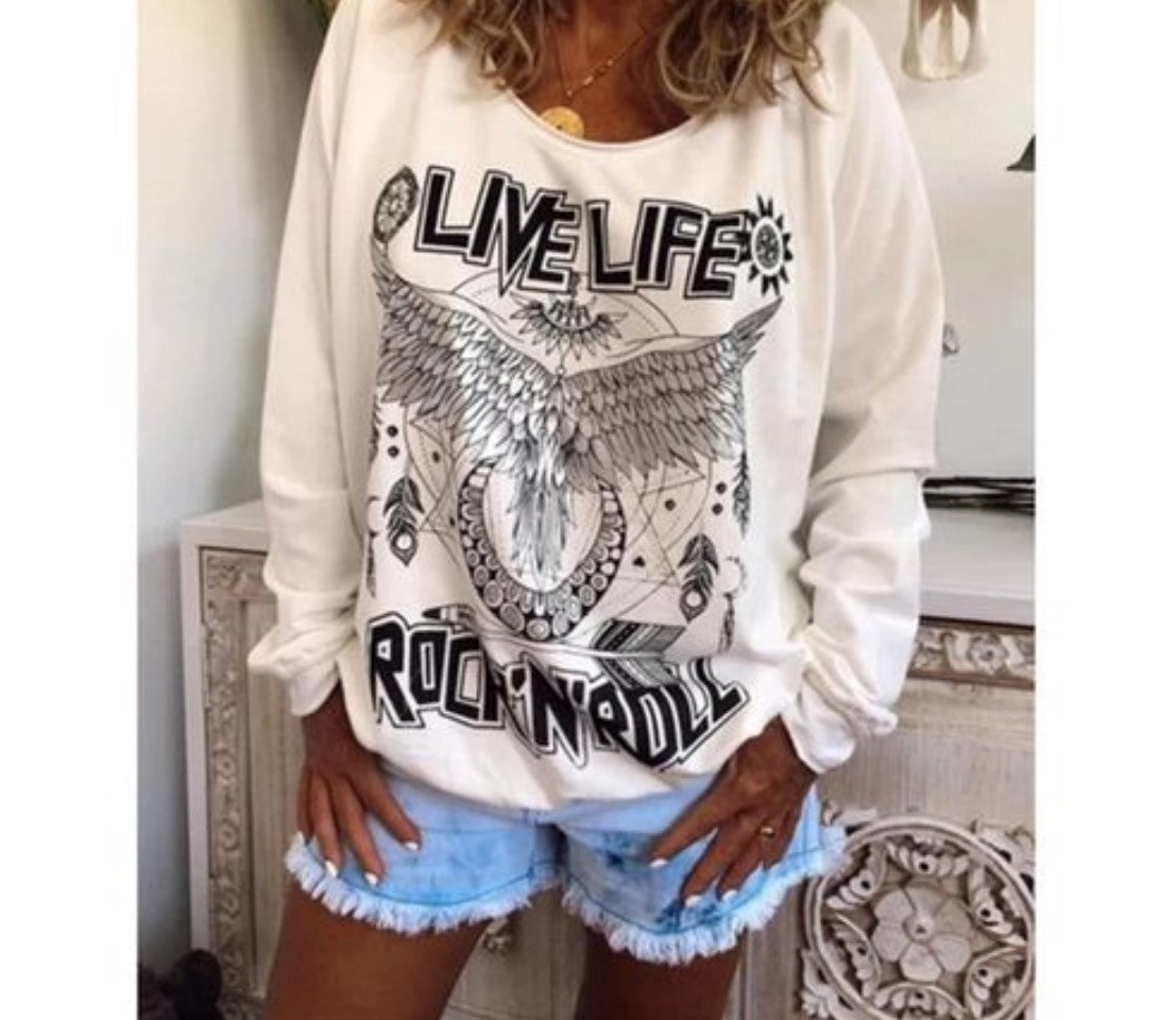 Live Life Rock N Roll Eagle Wings Graphic Sweatshirt in White – Sizes S-5XL | The Pretty Pistol