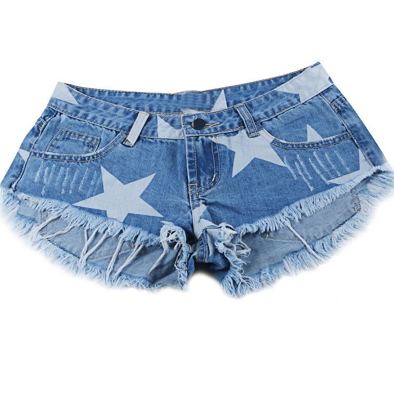 Star Print Fringe Denim Shorts for Women up to 2XL