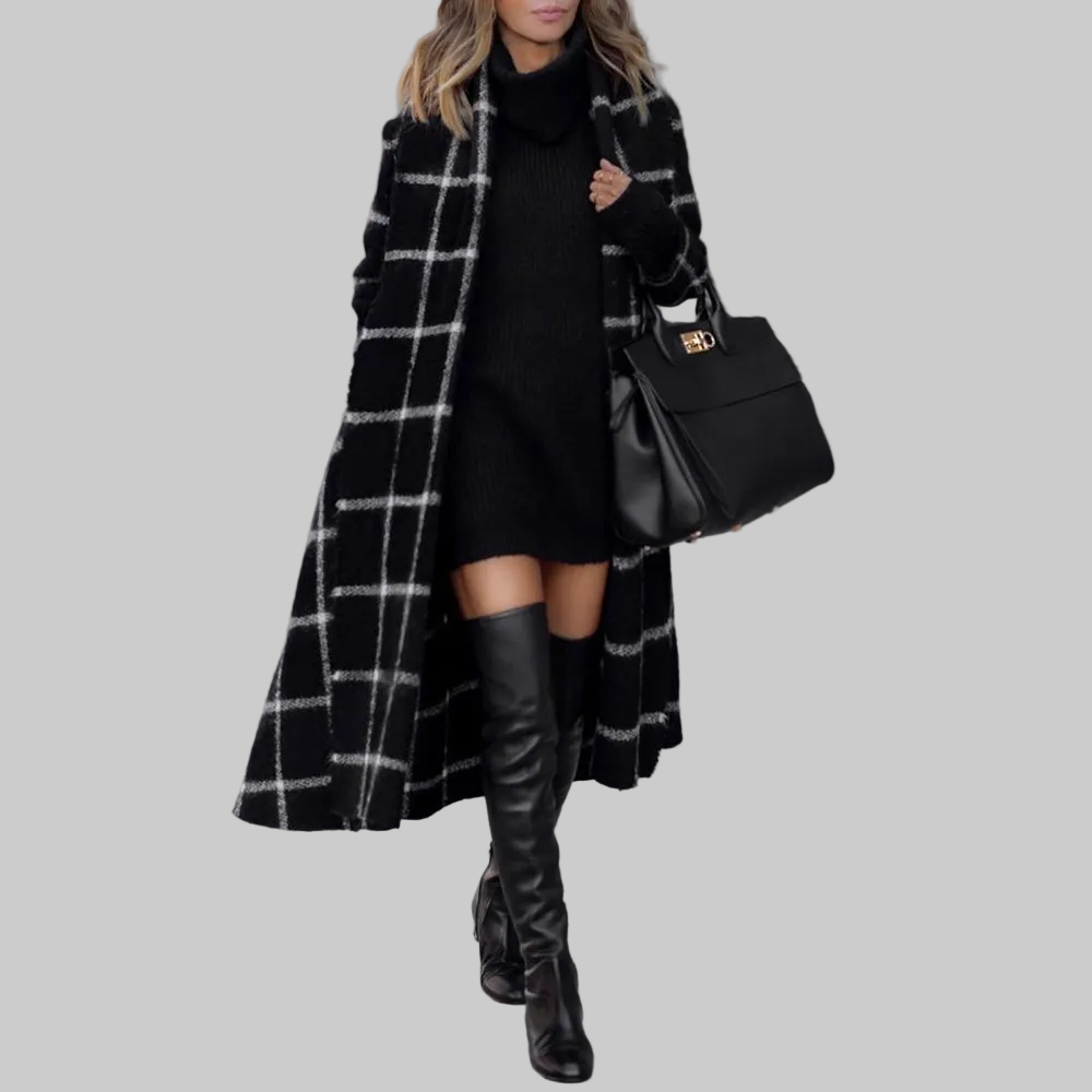 Women’s After Hours Black, Gray & White Plaid Longline Coat – Open Front, Side Pockets, Sizes S–XL | The Pretty Pistol