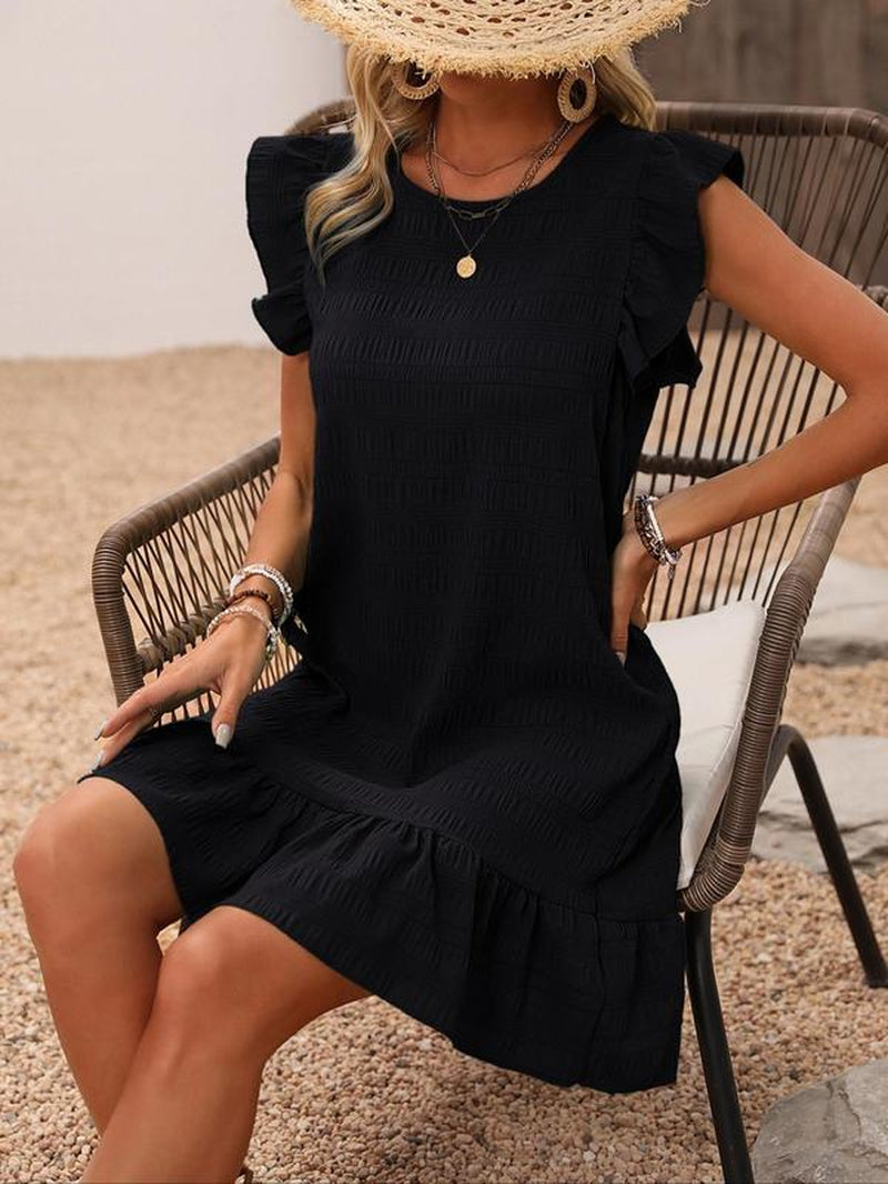 Ruffle Trim Textured Smock Mini Dress