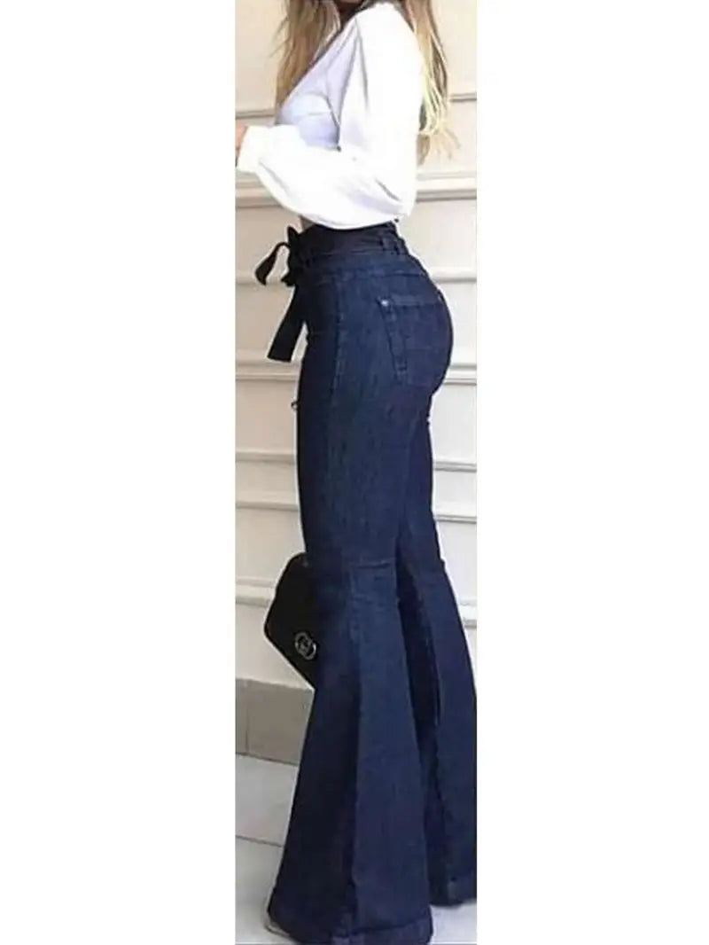 Women's High-Rise Denim Flare Jeans with Elastic Waist