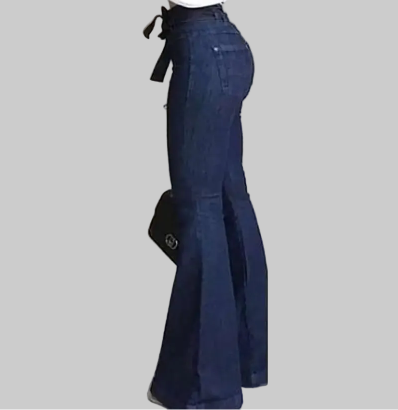 Women's High-Rise Dark Navy Denim Flare Jeans with Lace-Up Tie Waist – S-2XL US Sizes 4-16 | The Pretty Pistol