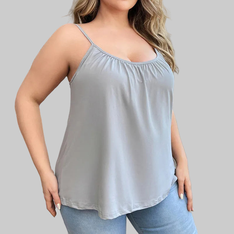 Women’s Curvy Built-In Bra Tank Top in Gray – Adjustable Straps, Gathered Scoop Neck, Flowy Fit, Sizes L–3XL | The Pretty Pistol
