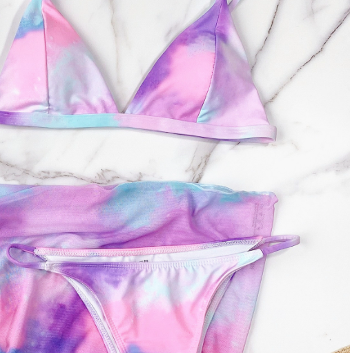 Tie-Dye Triangle Bikini Set with Wrap Sarong Skirt in Pink & Blue – Sizes S-L | The Pretty Pistol