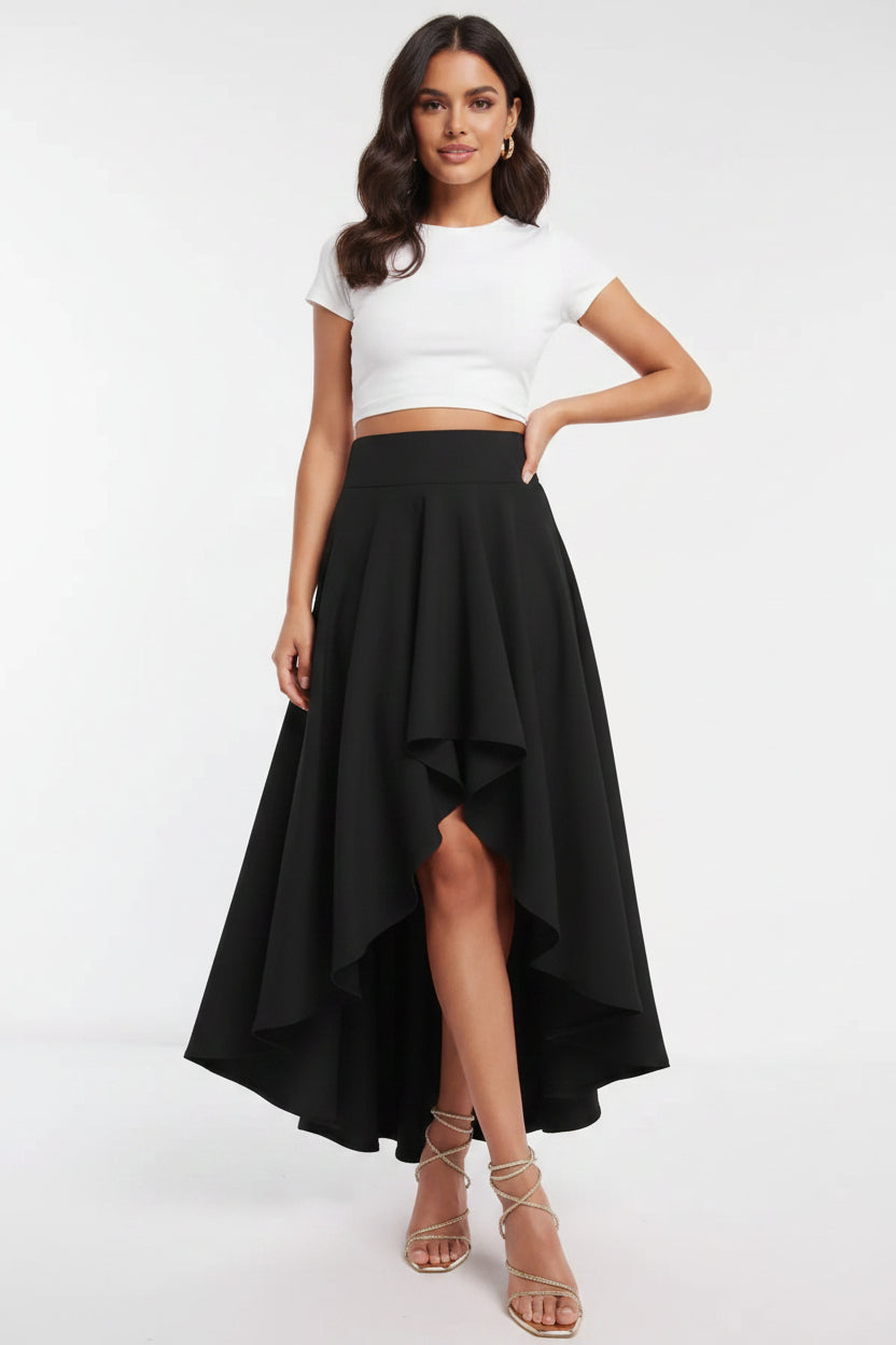 High-Low Asymmetric Midi Skirt in Black – Sizes S-5XL | The Pretty Pistol