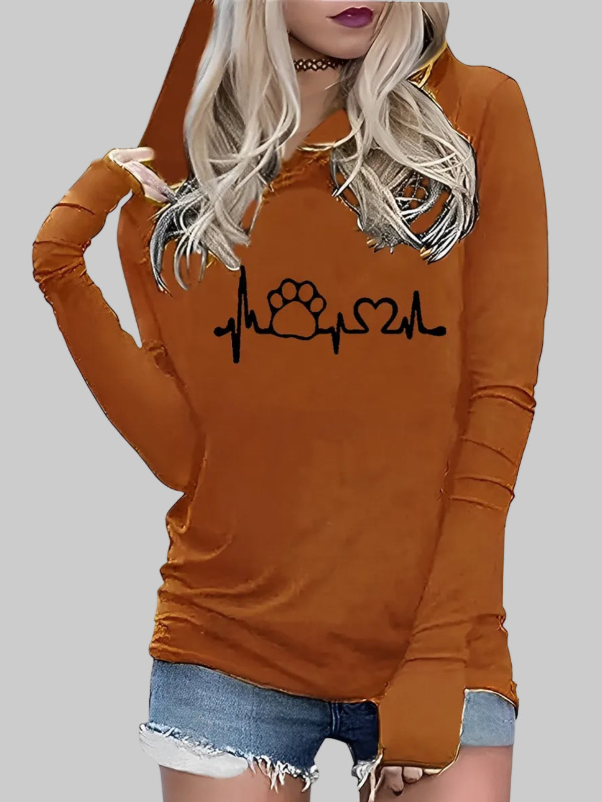 Women's Paw Print Heartbeat Hoodie in Black & Rust – Lightweight Long Sleeve Graphic Pullover, Sizes S-3XL | The Pretty Pistol