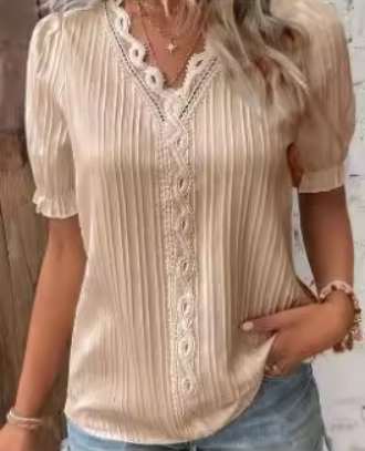 Lace Trim V-Neck Princess Sleeve Blouse in Apricot – Sizes S-5XL | The Pretty Pistol