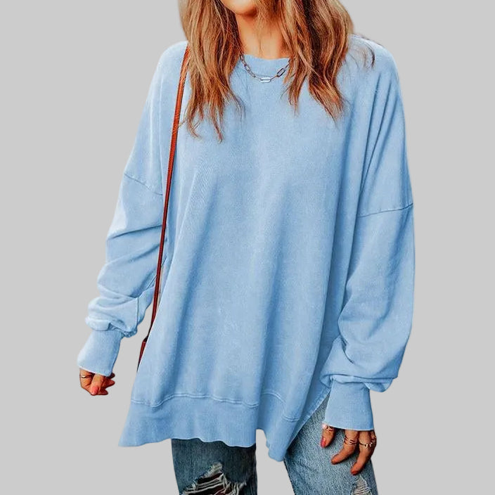 Women's Oversized Crewneck Pullover Sweatshirt with Side Slits in Light Blue – S-2XL | The Pretty Pistol