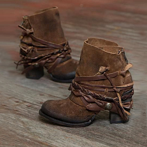 Boho Fringe Wrap Ankle Boots in Brown - Distressed Faux Leather Wraparound Strap Stacked Block Heel Side Zip Sizes 4-13 | The Pretty Pistol
