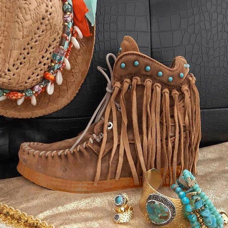 Boho Fringe Moccasin Ankle Boots in Brown - Suede Lace-Up Stud Detail Whipstitch Sole Sizes 4-13 | The Pretty Pistol