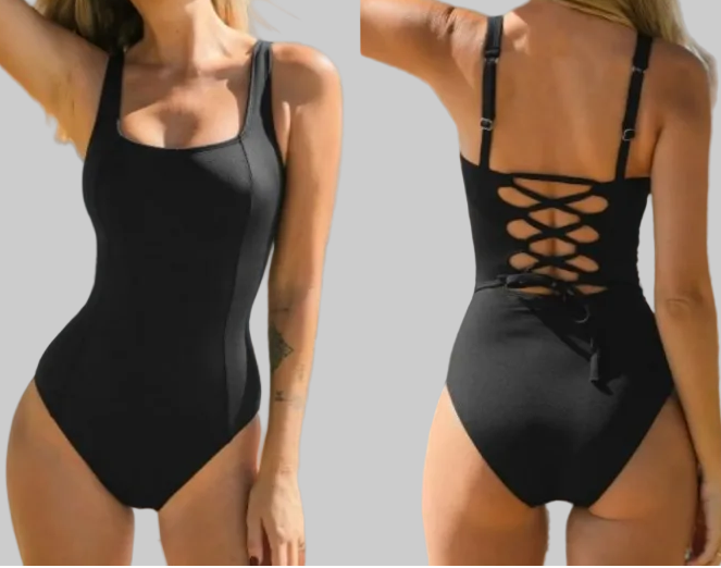 Women's Black Square Neck Sports One-Piece Swimsuit – Built-In Chest Support, Quick-Dry, Chlorine-Resistant, XS-XL | The Pretty Pistol