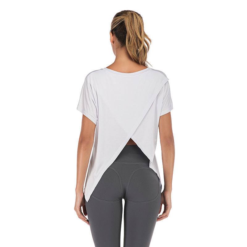 Women's V-Neck Open Back Sports Tee – Loose Fit Hi-Lo Hem Top in Blue, Black & White S-L | The Pretty Pistol
