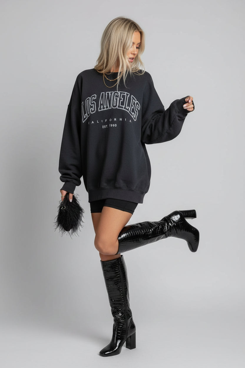 Los Angeles California Varsity Graphic Oversized Crew Neck Sweatshirt in Washed Black - Sizes S to 4XL | The Pretty Pistol