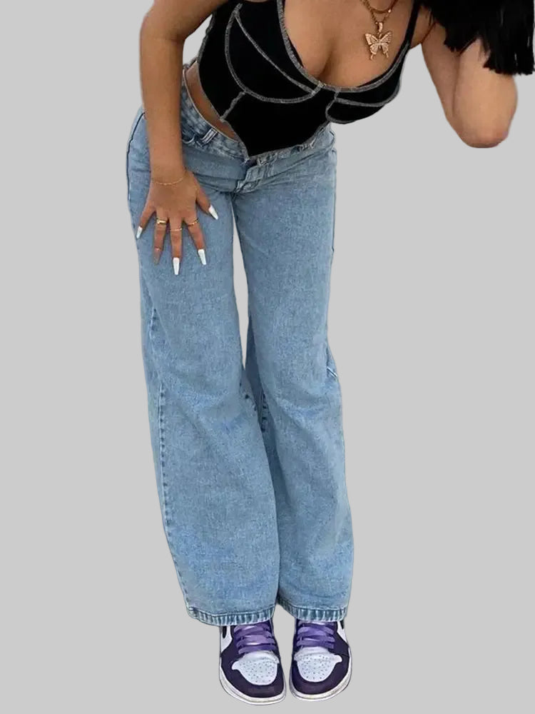 Wide leg ice blue denim jeans with V-cut waistband detail | The Pretty Pistol