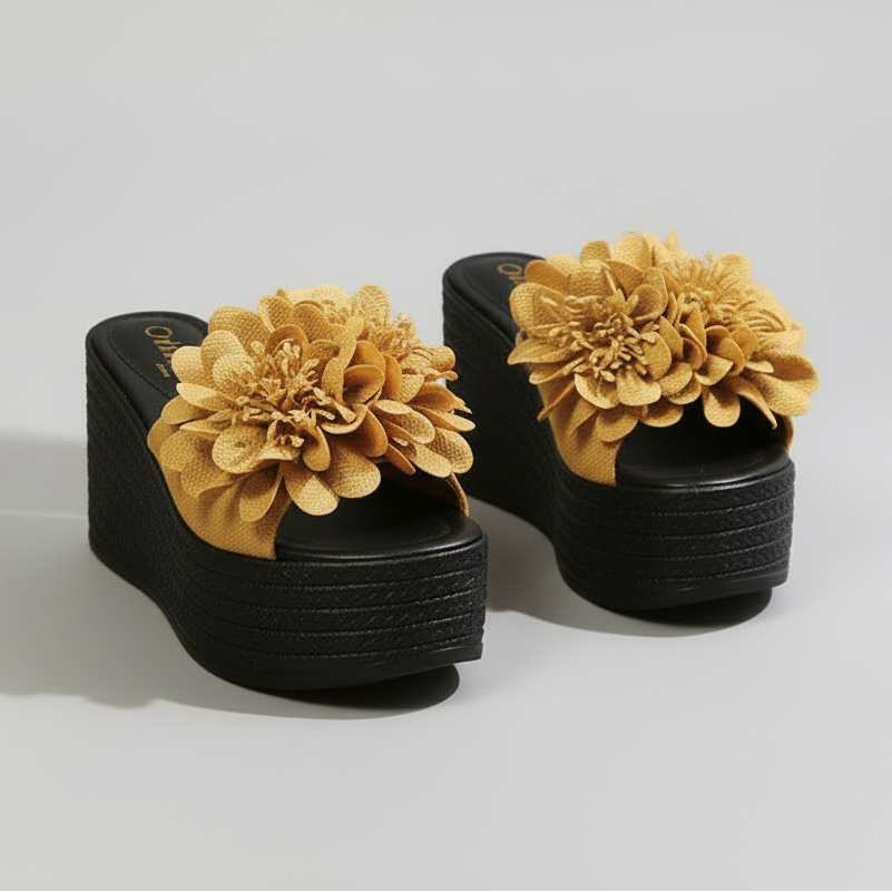Mustard Yellow 3D flower appliqué platform wedge slides with chunky woven sole, slip-on style | The Pretty Pistol