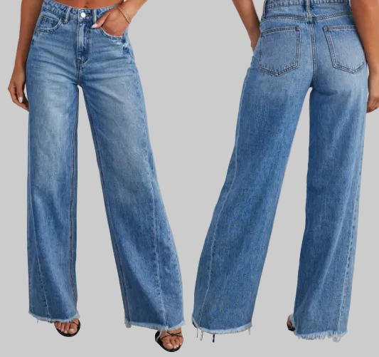 High waist straight leg jeans in medium blue denim with raw frayed hem | The Pretty Pistol
