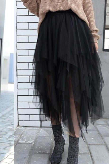 Tiered Mesh Tulle Midi Skirt in Black – One Size | The Pretty Pistol