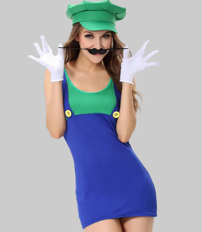 Women's Super Mario Luigi Halloween costume featuring blue mini dress with red bib front, gold button detail, matching red hat, white gloves, and thigh-high socks | The Pretty Pistol