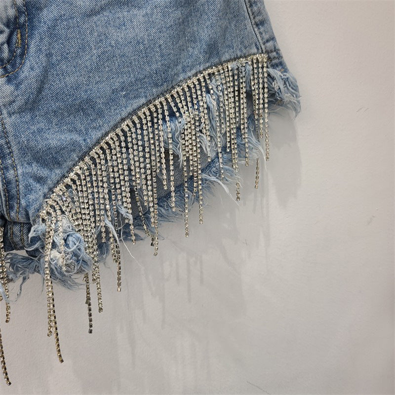 Chic Sparkle Tassel Denim Shorts