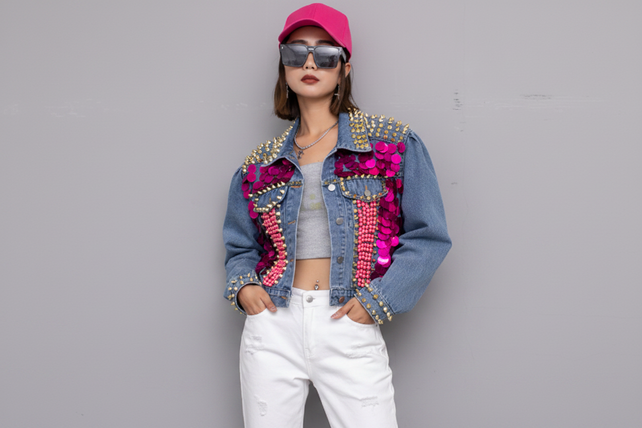 Sequin Short Denim Jacket for Women
