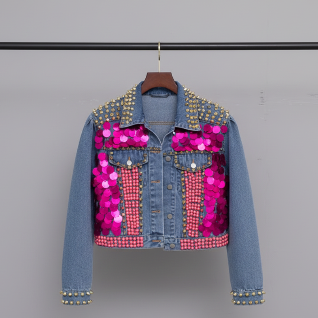 Cropped light blue denim jacket covered in gold and silver metal spike studs, oversized hot pink disc sequins, and pink rhinestone crystal detail | The Pretty Pistol