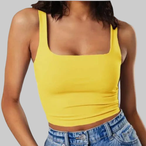 Women’s Square-Neck Crop Tank in Yellow – Broad Straps, Sleeveless Fitted Silhouette, Cropped Hem, Sizes S–XL | The Pretty Pistol