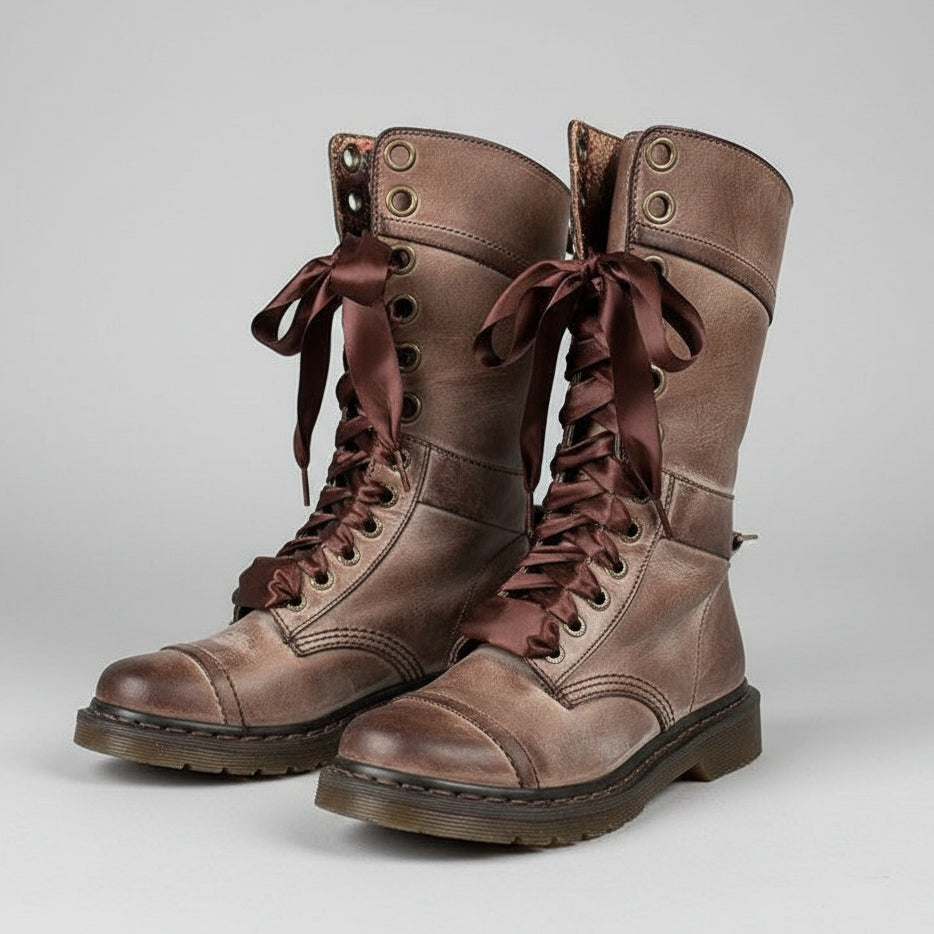 Brown lace-up combat boots with fold-over floral rose-print cuff and black ribbon laces, low stacked heel and lug sole, styled with grey skinny jeans | The Pretty Pistol