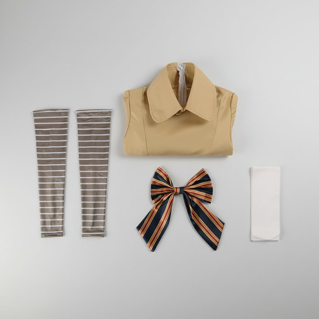 M3GAN cosplay costume flat lay showing khaki crop top with collar, striped bow tie, arm sleeves and white apron | The Pretty Pistol