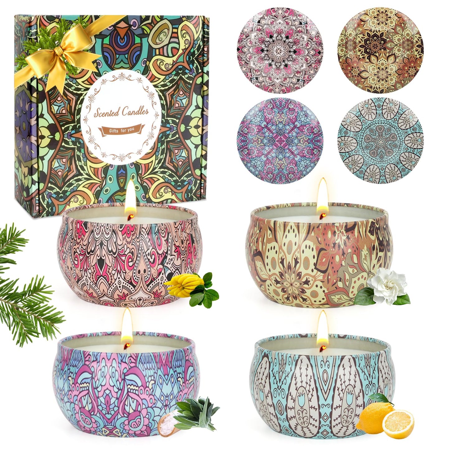 Aromatherapy Soy Candle Gift Set 4 Pack Boho Mandala Tins | The Pretty Pistol