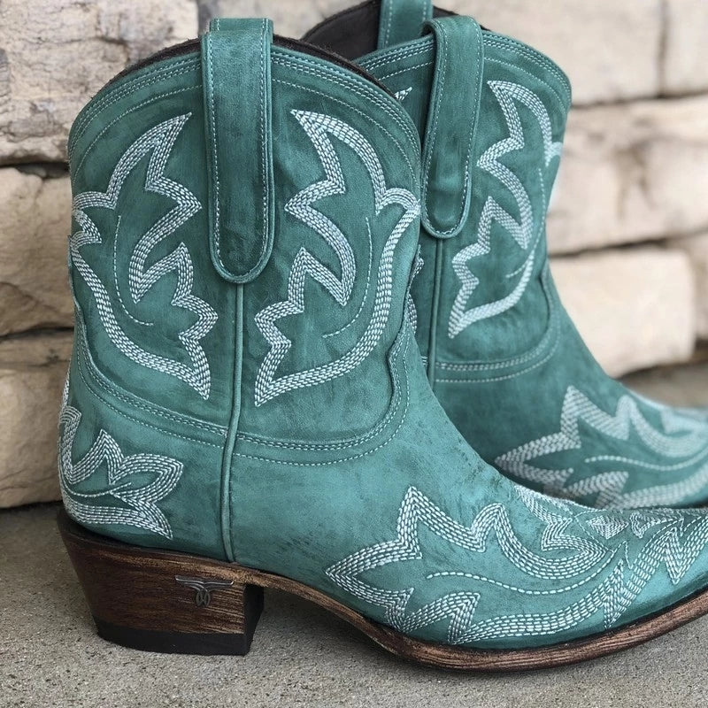 Western Embroidered Cowboy Ankle Boots Brown Red Blue Grey