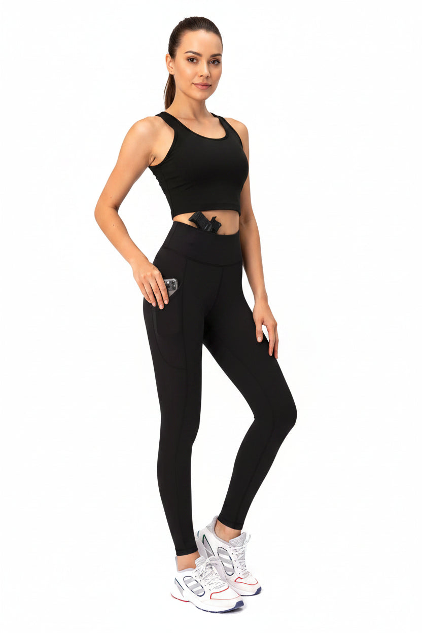 Lilcreek Women's Concealed Carry High-Rise Compression Leggings with Built-In Holster & Side Phone Pockets – Black Medium | The Pretty Pistol