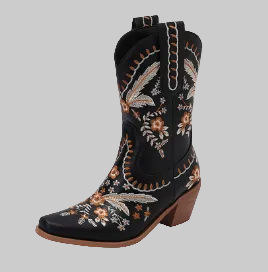 Black mid-calf western cowboy boots with colorful floral and dragonfly embroidery, pointed toe, and stacked block heel | The Pretty Pistol