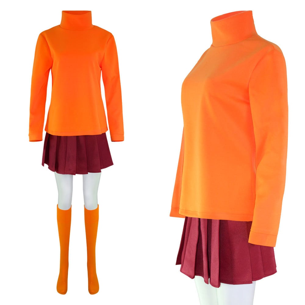 Velma Scooby-Doo Cosplay Costume Long Top Set - Orange Turtleneck Sweater Burgundy Pleated Skirt Orange Knee Socks Sizes S-3XL | The Pretty Pistol
