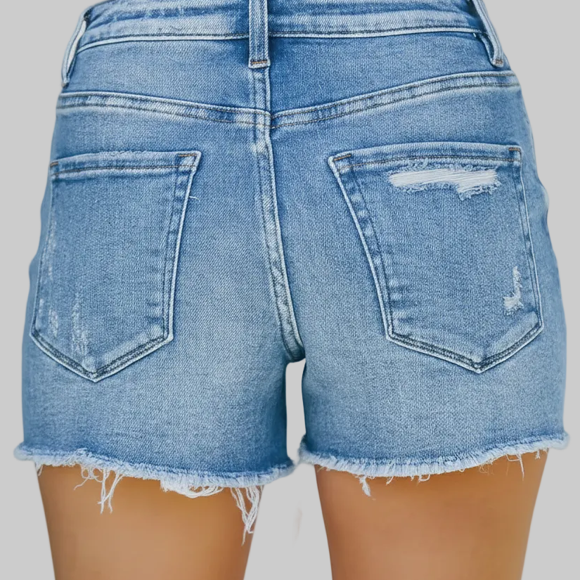 Women's High-Waisted Frayed Hem Denim Shorts in Sky Blue – Stretchy Mid-Waist Fit S-XL | The Pretty Pistol