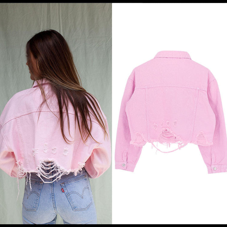 Pink Distressed Cropped Denim Jacket – Sizes S-L | The Pretty Pistol