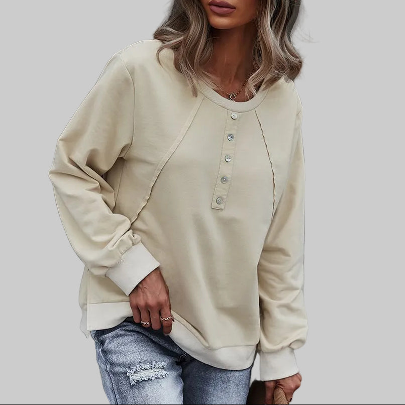Women's Oversized Henley Button Sweatshirt in Tan – Relaxed Fit Ribbed Cuffs S-XL | The Pretty Pistol