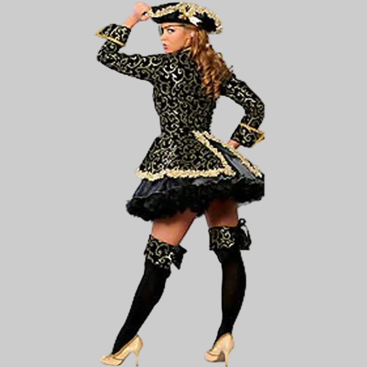 Women's black and gold baroque-print pirate captain costume with jacket, tutu skirt, tricorn hat, boot cuffs, gold belt buckle and eye patch | The Pretty Pistol