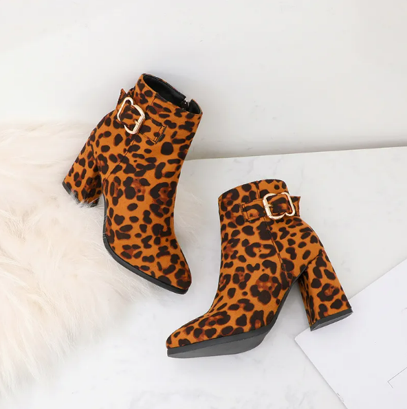 Leopard Print Chunky Heel Ankle Booties in Brown Dark Tone - Gold Buckle Side Zip Round Toe Sizes 4-13 | The Pretty Pistol