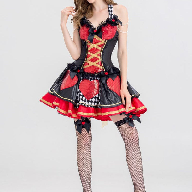 Queen of Hearts costume with red sequin sweetheart bodice, gold lace-up corset, harlequin check halter, heart appliqué skirt with tulle petticoat hem, and gold crown headpiece | The Pretty Pistol