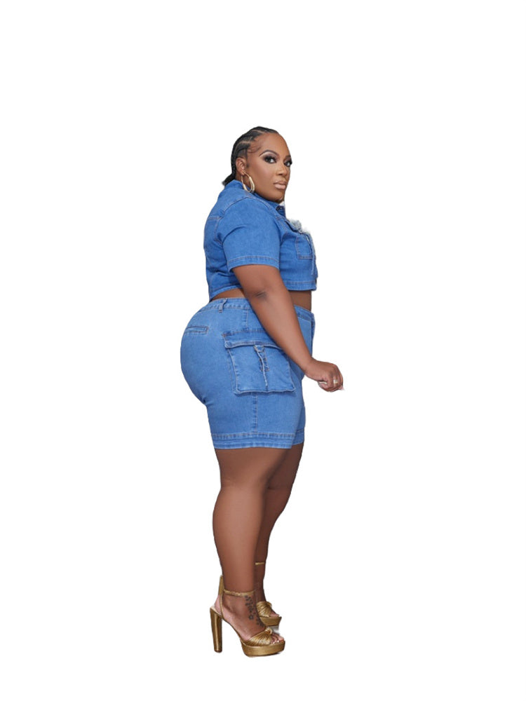 Plus Size Denim Two Piece Set with Pockets for Women
