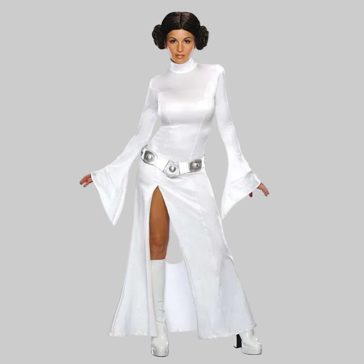 Princess Leia costume in white with mock turtleneck, bell sleeves, front slit, and silver statement belt | The Pretty Pistol