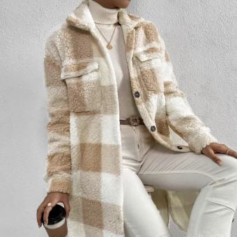 Women's Long Plaid Fleece Shacket in Apricot and White - Button Front Chest Pockets Relaxed Fit Sizes S-XL | The Pretty Pistol