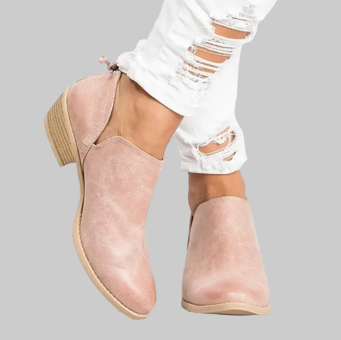 Pink faux suede ankle booties with block heel worn with white jeans | The Pretty Pistol