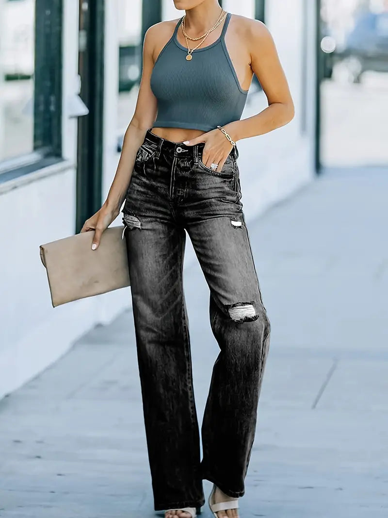 High Waist Ripped Straight Flared Denim Jeans for Women up to 2XL