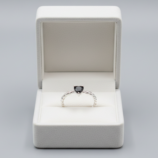 S925 Sterling Silver Heart-Shaped Black Zirconia Twisted Rope Open Adjustable Band Ring | The Pretty Pistol