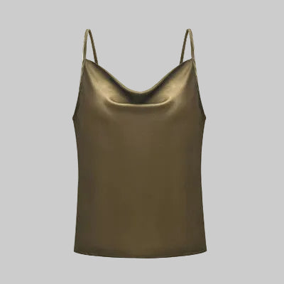 Women’s Draped Cowl Tank in Bronze – Glossy Finish, Slim Straps, Draped Neckline, Sizes S–3XL | The Pretty Pistol