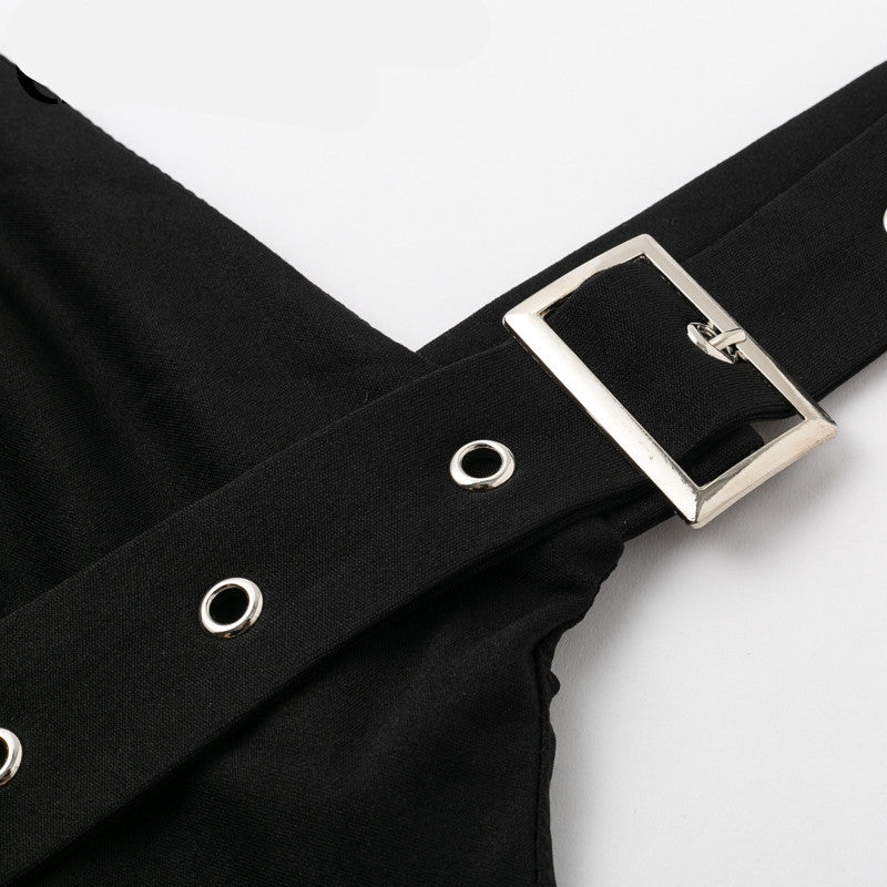 Straight-Leg Jumpsuit in Black – Silver Eyelets and Buckle Detail, Solid Color, Sizes S-L | The Pretty Pistol