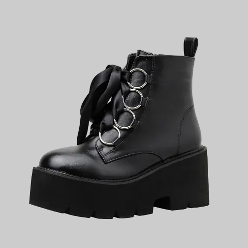 Women’s Ribbon-Lace Platform Ankle Boots in Black – Ribbon Bows, Silver-Tone Ring Eyelets, Chunky Lug Soles and Side Zips | The Pretty Pistol